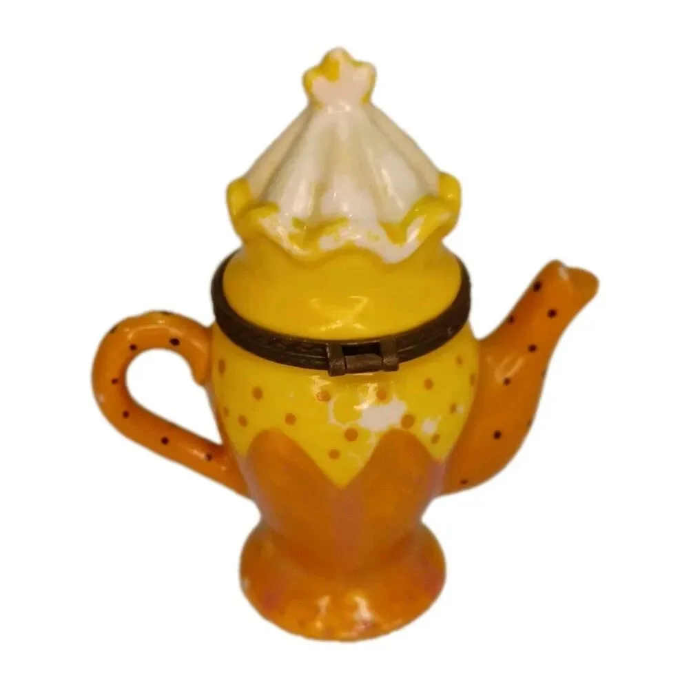 Miniature Tea Pot Trinket Box Hinged Lid Pill Case Hand Painted Metal Enameled